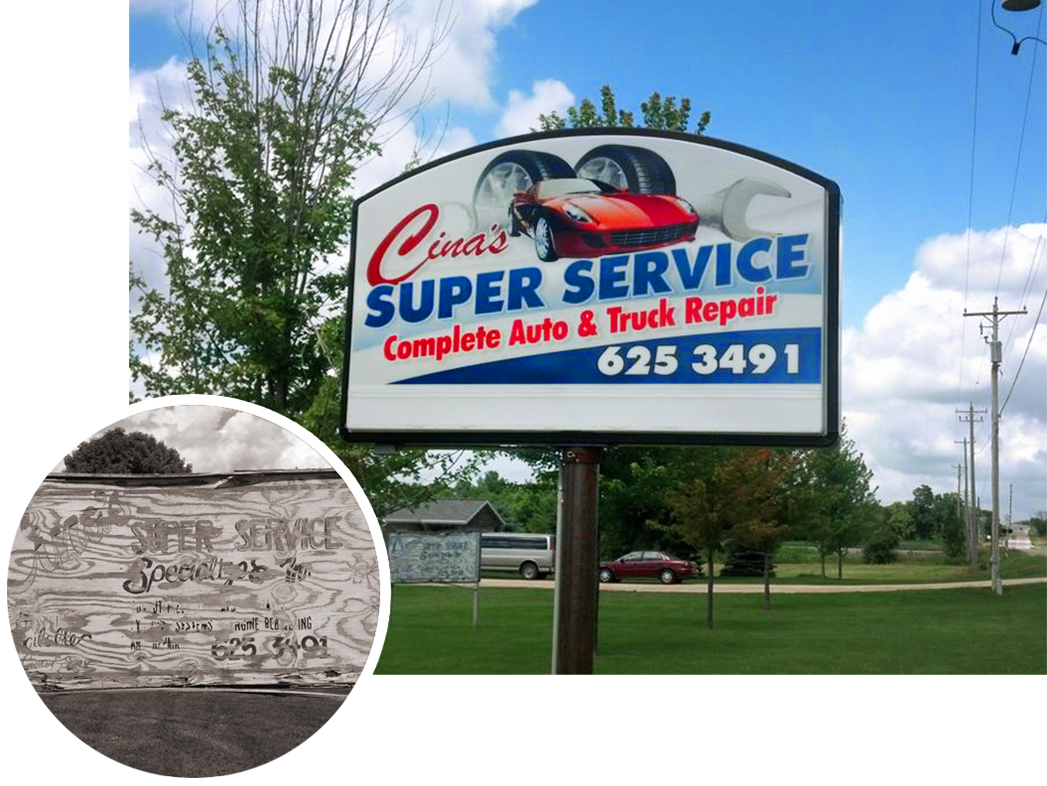Cina's Super Service Complete Auto Repair Sign Before and After
