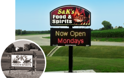 S _ K's Food and Spirits Restaurant Sign Before and After