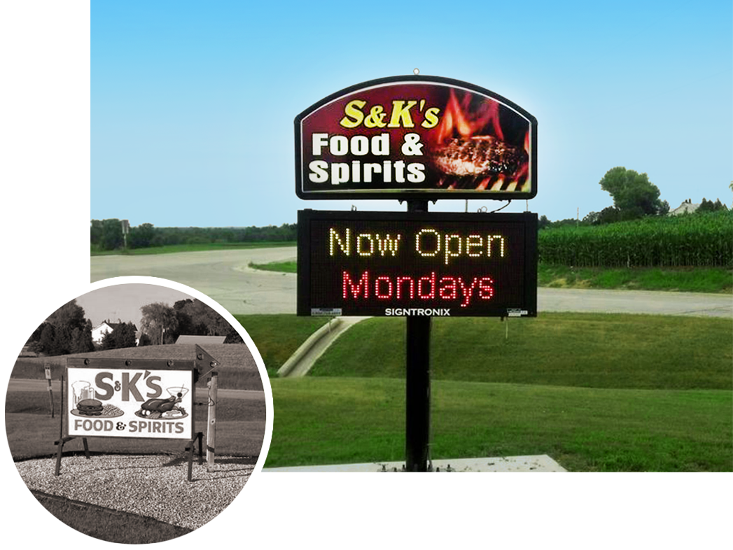 S _ K's Food and Spirits Restaurant Sign Before and After