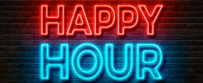 Red and Blue Electric Happy Hour Sign